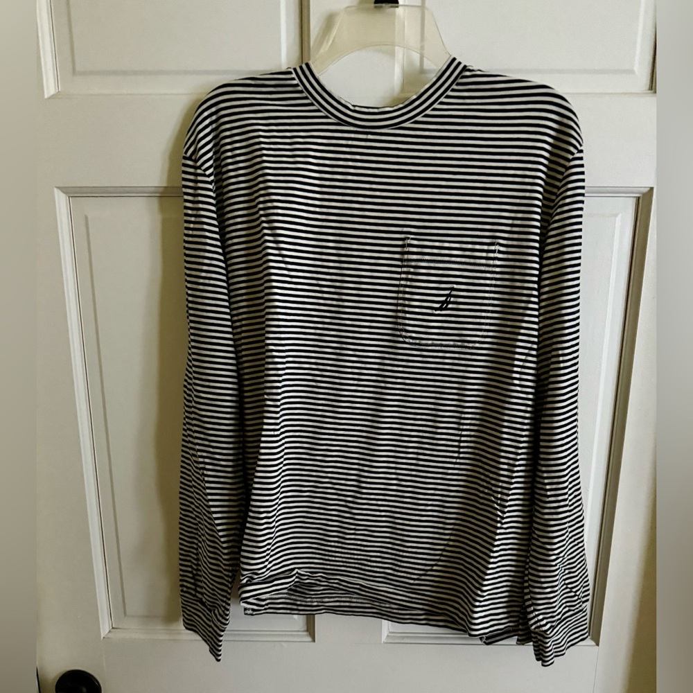 Nautica Navy and White long sleeved Striped Tee